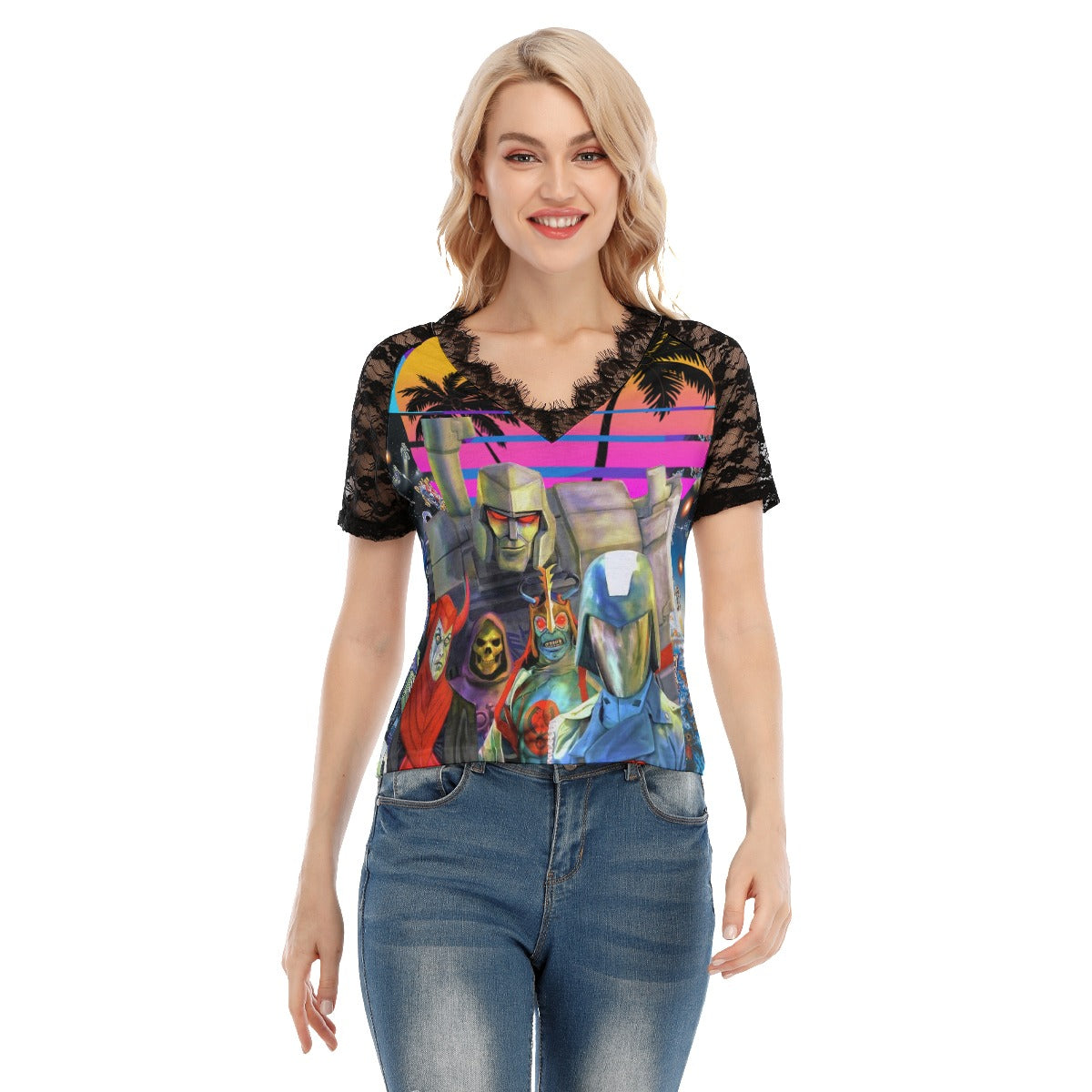 Women's 1980s Cartoon Villains V-neck T-shirt With Lace