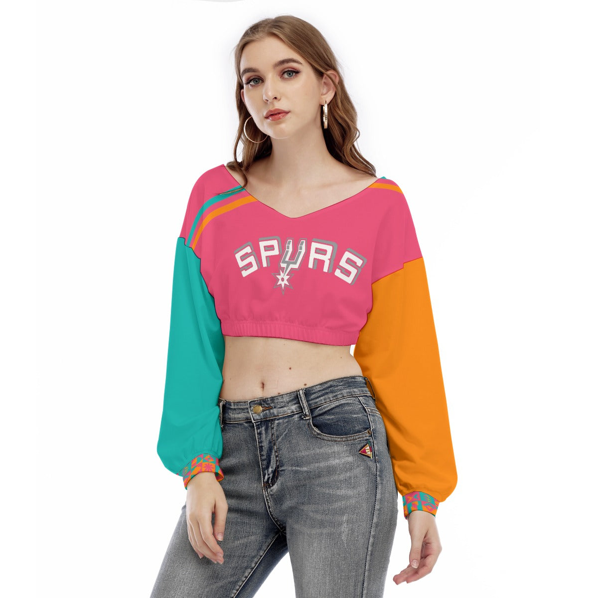 Women's San Antonio Basketball V-neck Long Sleeve Cropped Sweatshirt