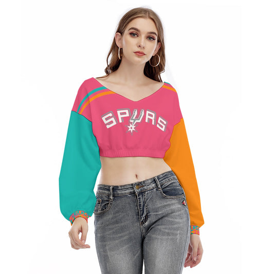 Women's San Antonio Basketball V-neck Long Sleeve Cropped Sweatshirt