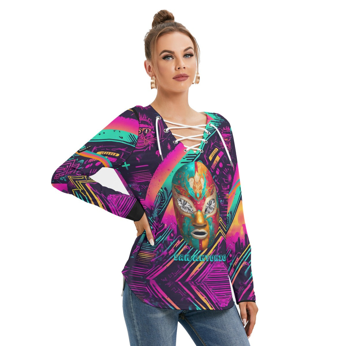 Women's San Antonio Basketball Long Sleeve Neckline Tie Sweatshirt