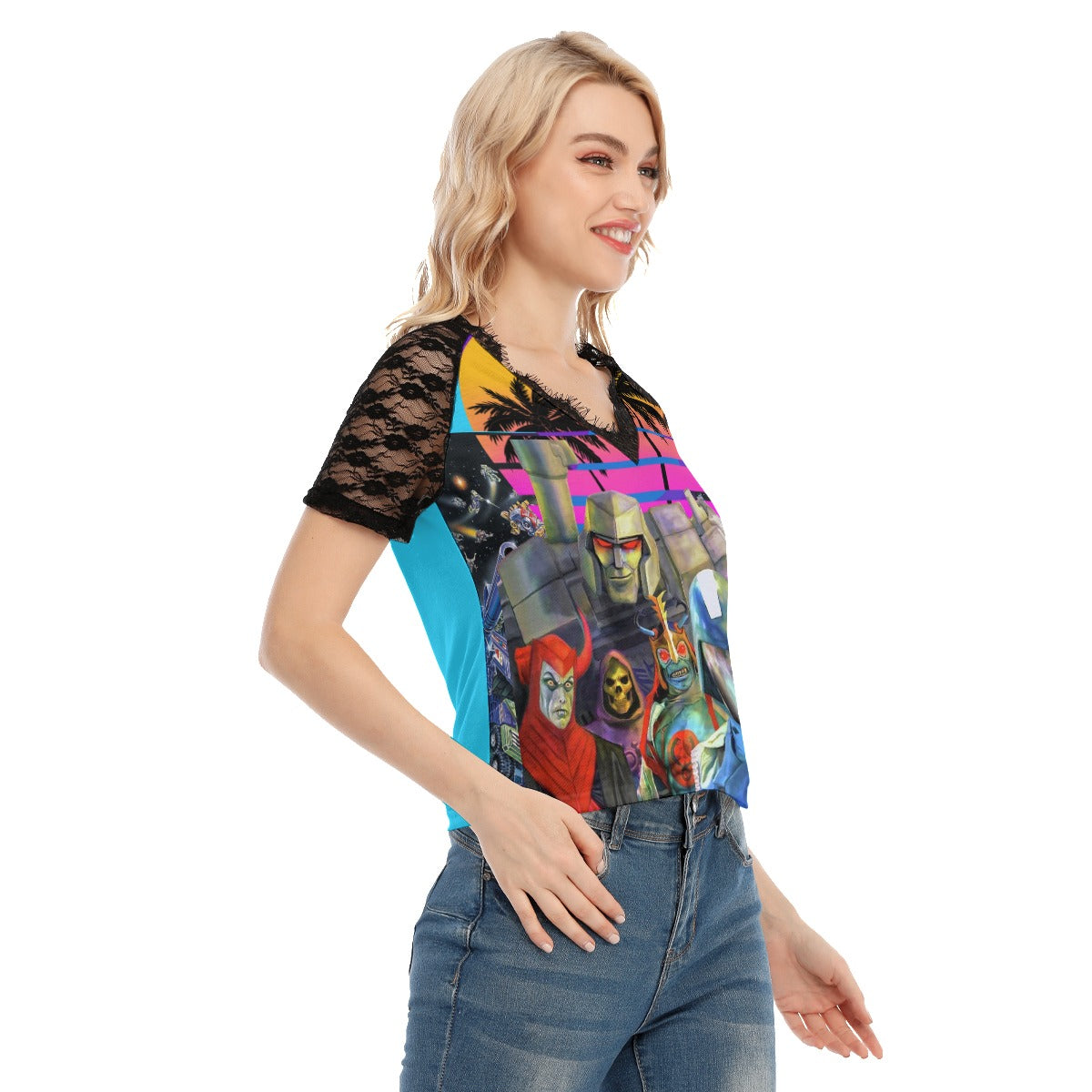 Women's 1980s Cartoon Villains V-neck T-shirt With Lace