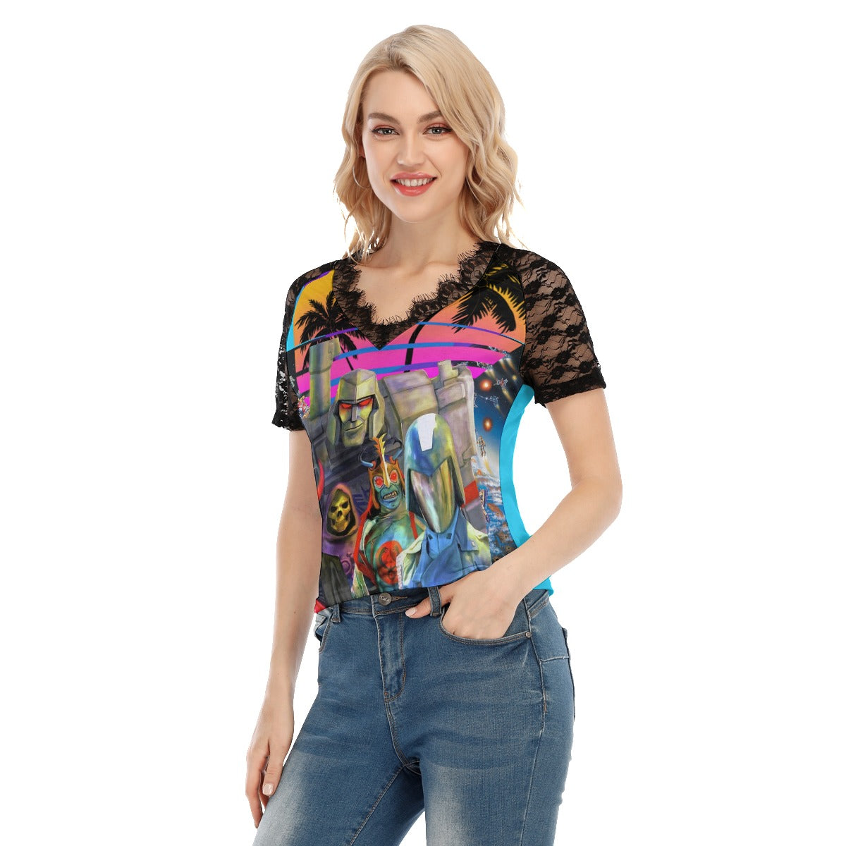 Women's 1980s Cartoon Villains V-neck T-shirt With Lace